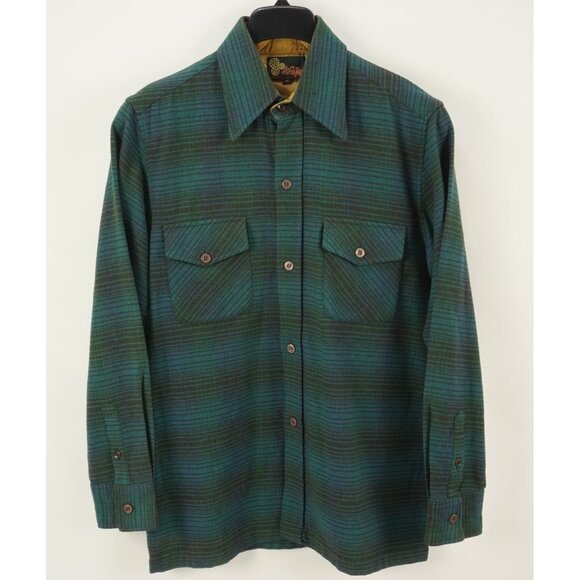 Vintage 1980s Shadow Plaid Wool Board Shirt Mens Medium Blue Green Woven Brushed - Picture 1 of 15